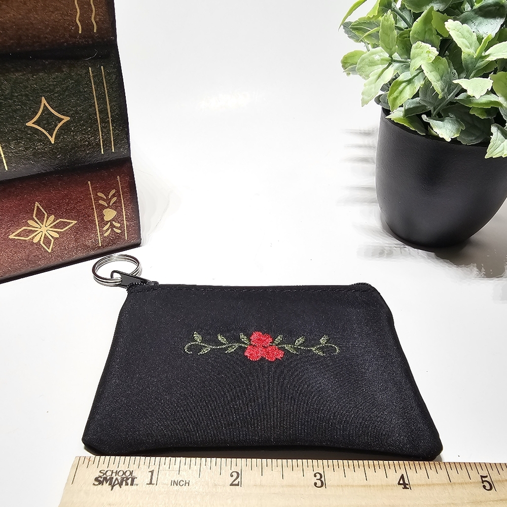 2 For 1 NWOT Embroidered Rose Flower Coin Purse Black